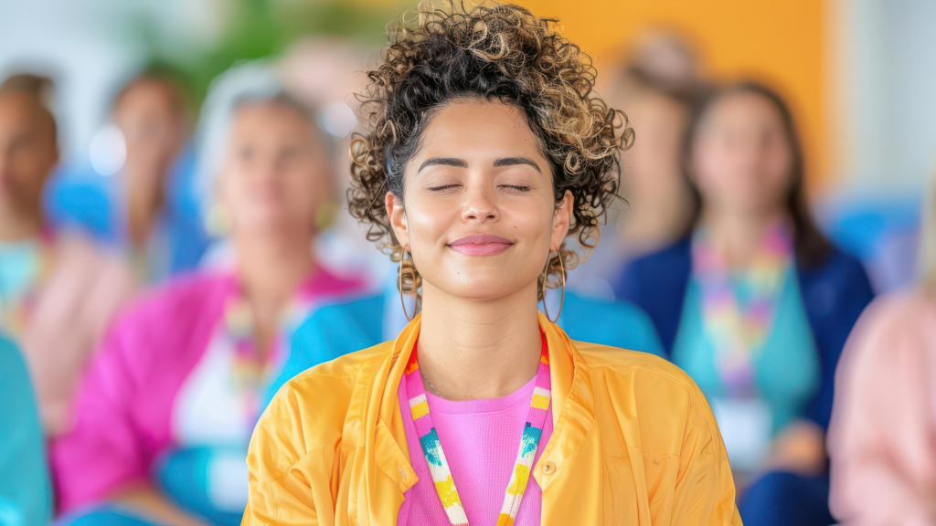 women with curly hair smiling and relaxed