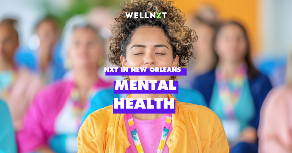 woman with eyes closed in a colorful outfit